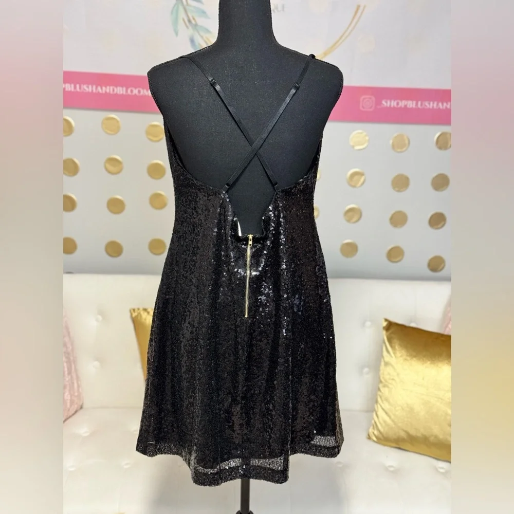 Black Sequin Cowl Neck Crisscross Back Mini Dress - Picture 6 of 6